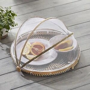 Wicker Bamboo Food Tent Basket set 2 OS Turquoise Mesh Collapsible Cover